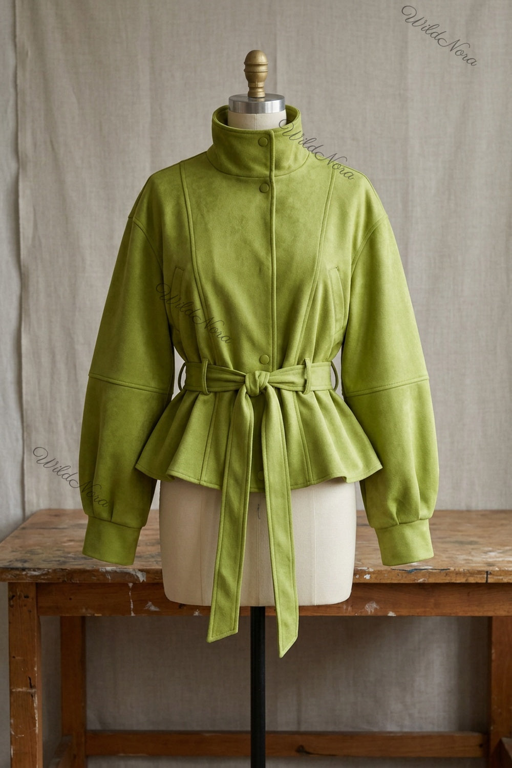 Lime Green Faux Suede Peplum Jacket with Balloon Sleeves lime green faux suede jacket - product view 2