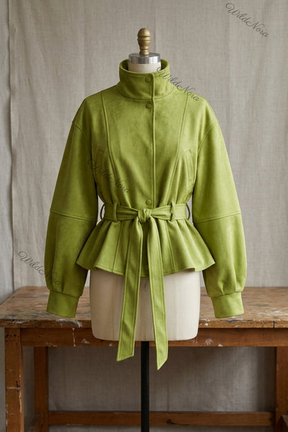Lime Green Faux Suede Peplum Jacket with Balloon Sleeves lime green faux suede jacket - product view 2