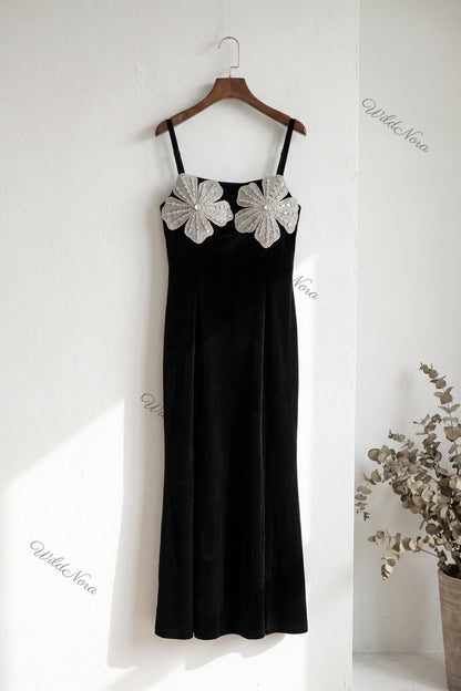 Black Velvet Column Dress with Silver Rhinestone Flower Embellishments black velvet dress - product view 2