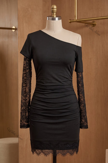 Black Asymmetrical Bodycon Mini Dress with Lace Sleeves black stretch knit jersey dress - product view 2