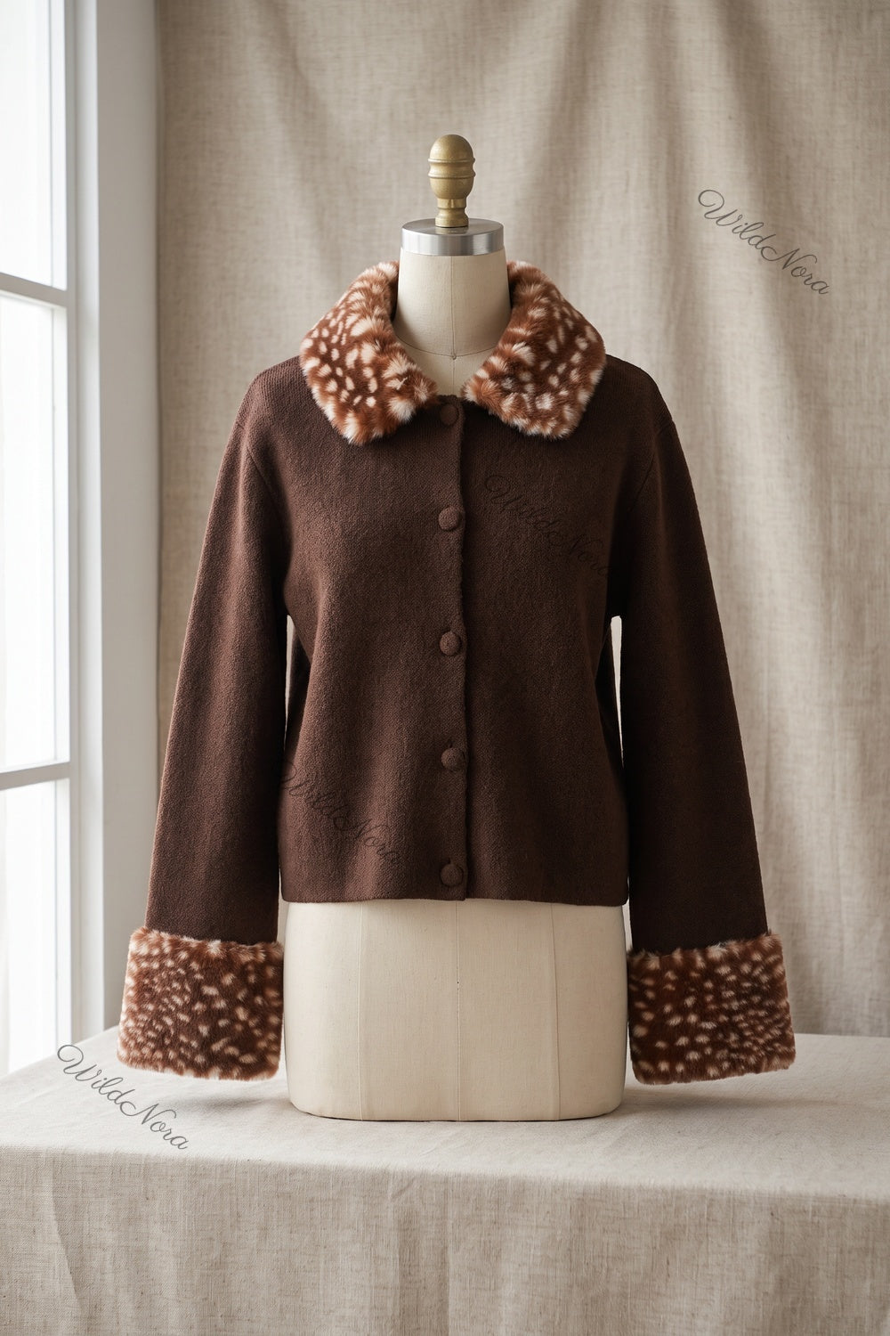 Dark Brown Box Knit Cardigan with Fawn-Spotted Faux Fur Trim dark brown fine knit cardigan - product view 2