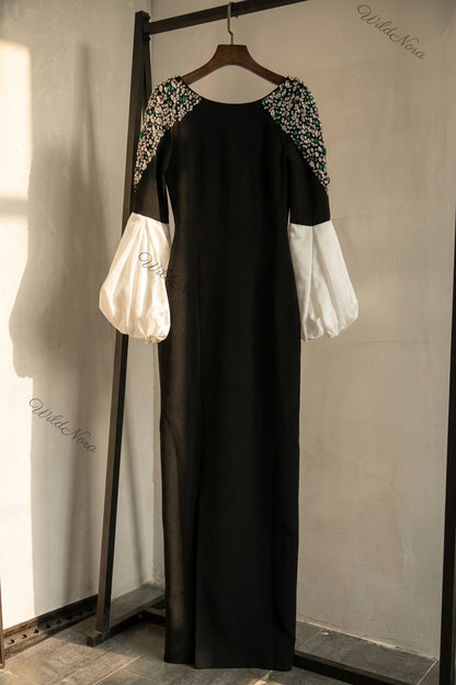 Black Column Evening Gown with Crystal Shoulders & White Puff Sleeves black heavy matte crepe evening gown - product view 2