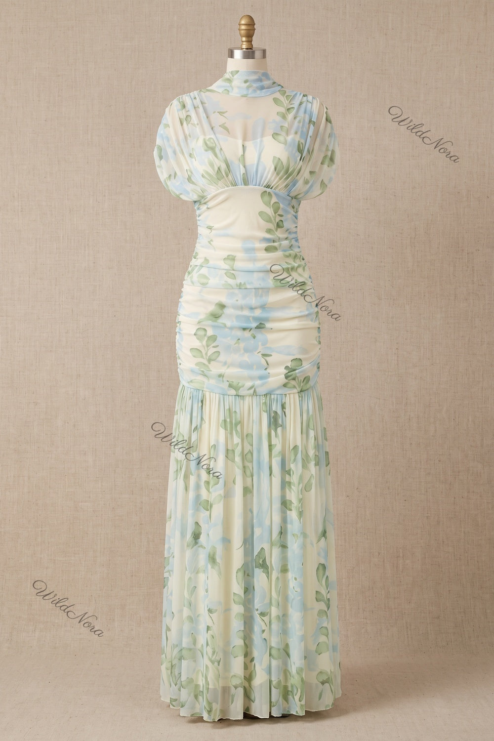 Cream Watercolor Floral Drop-Waist Maxi Dress Cream, Off-white Sheer mesh Maxi dress - product view 2