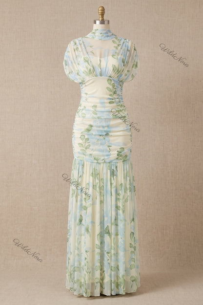 Cream Watercolor Floral Drop-Waist Maxi Dress Cream, Off-white Sheer mesh Maxi dress - product view 2