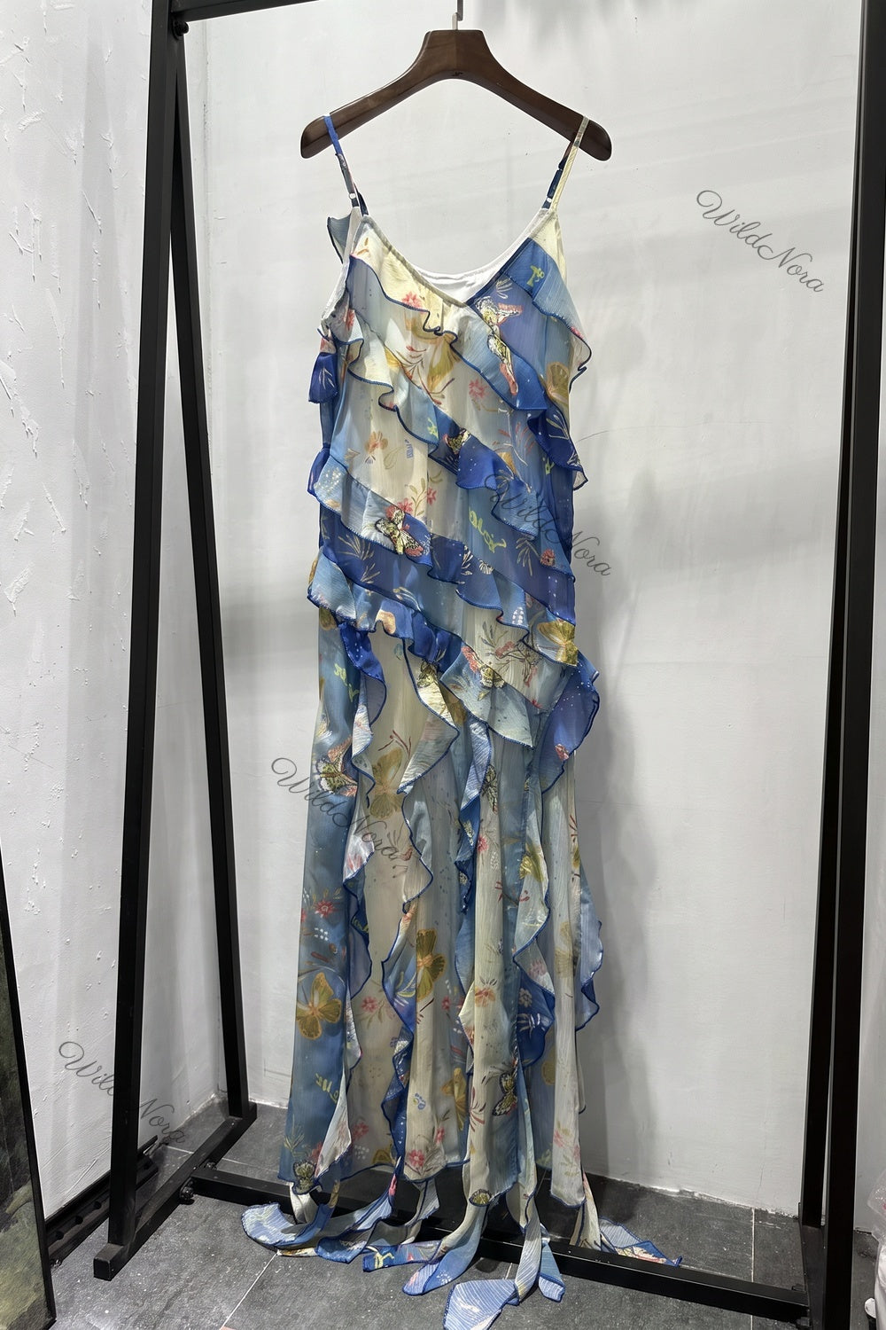 Blue Chiffon Asymmetrical A-Line Maxi Dress blue, cream chiffon dress - product view 2