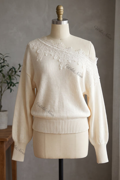 Cream Fine-Gauge Knit Slouchy Blouson Sweater cream, off-white fine-gauge knit sweater - product view 2