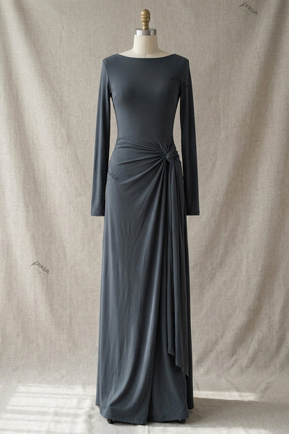Dark Grey Jersey Knit Dress with Draped Flowing Skirt and Side Knot Detail dark grey jersey knit dress - product view 2
