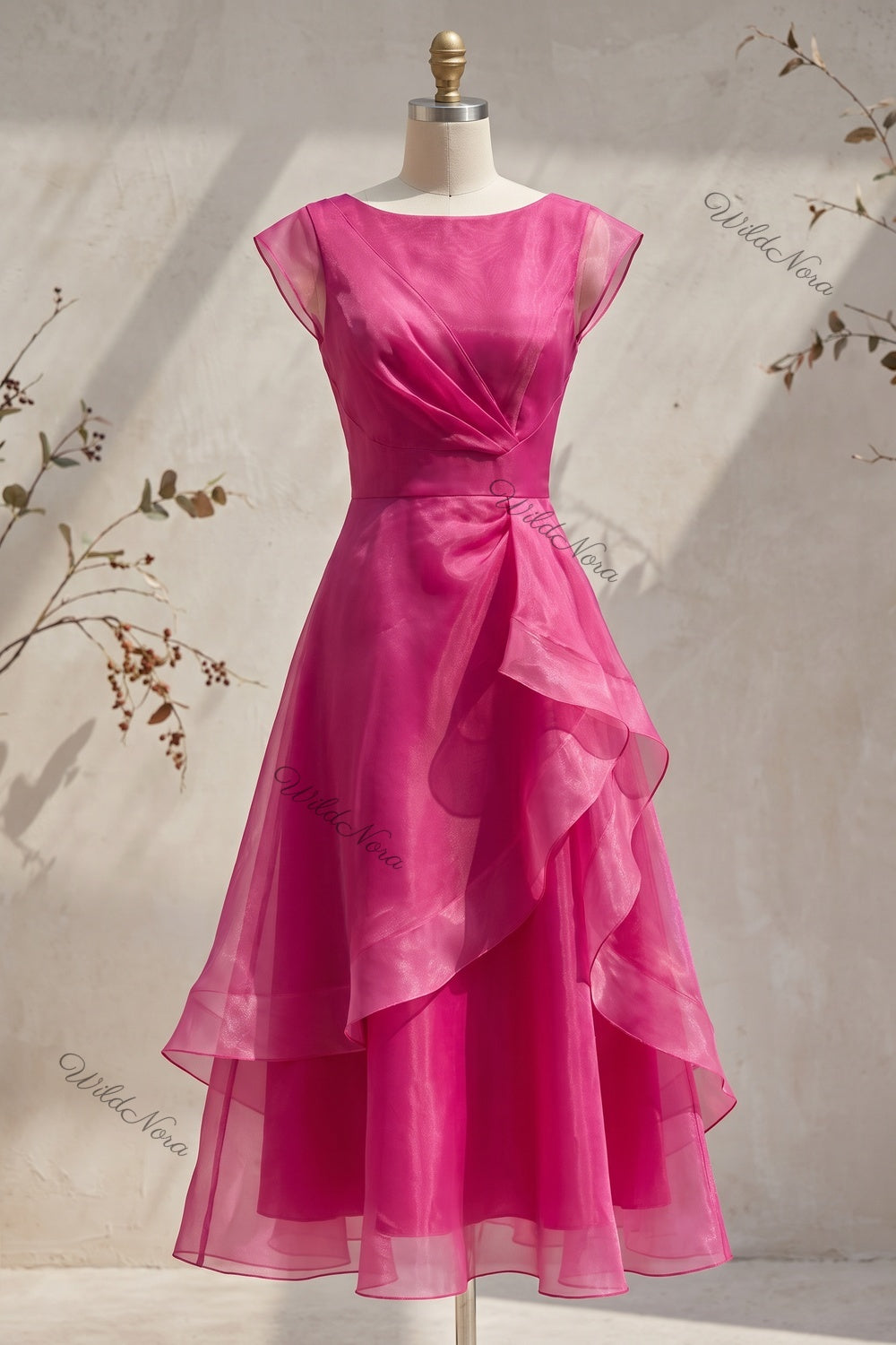 Magenta Organza A-Line Fit-and-Flare Midi Dress magenta organza dress - product view 2