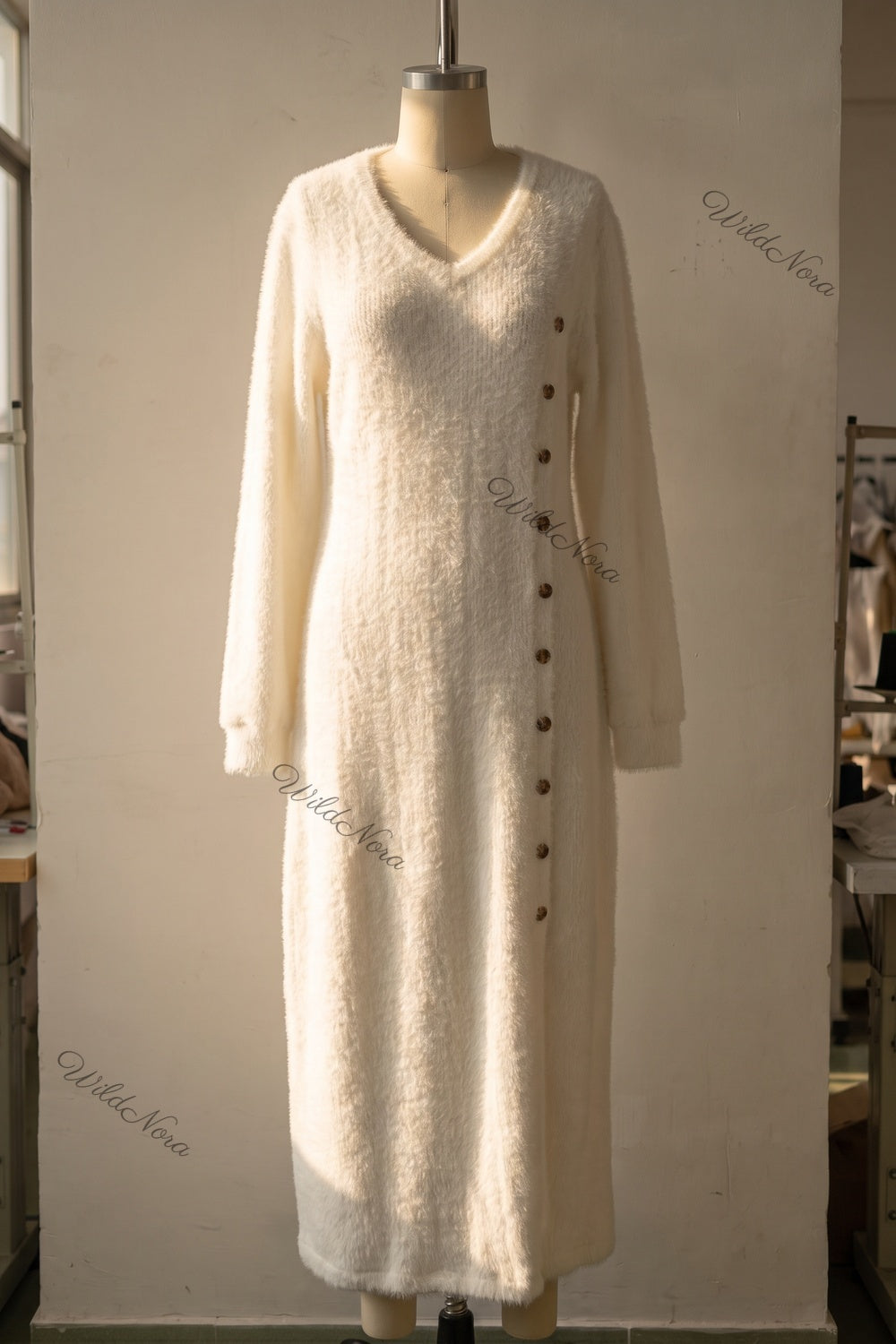 Off-White Fuzzy Eyelash Knit Column with Side Slit Sweater Dress off-white fuzzy eyelash knit sweater dress - product view 2