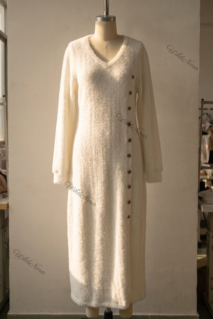 Off-White Fuzzy Eyelash Knit Column with Side Slit Sweater Dress off-white fuzzy eyelash knit sweater dress - product view 2
