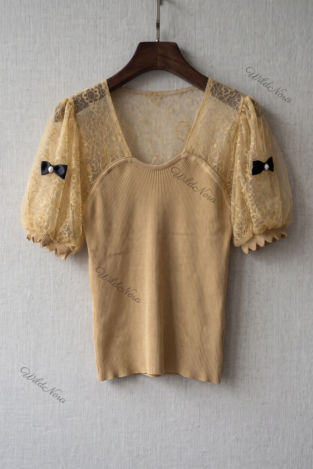 Gold Ribbed Knit Fitted Bodice with Puff Sleeves Top gold, beige ribbed knit top - product view 2
