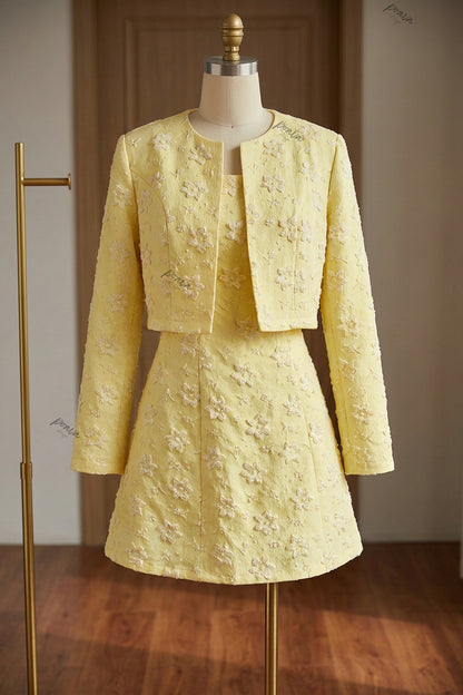 Pale Yellow Floral Appliqué Two-Piece Set Pale yellow Textured jacquard or embroidered organza overlay Two-piece set (cropped jacket and matching mini dress) - product view 2