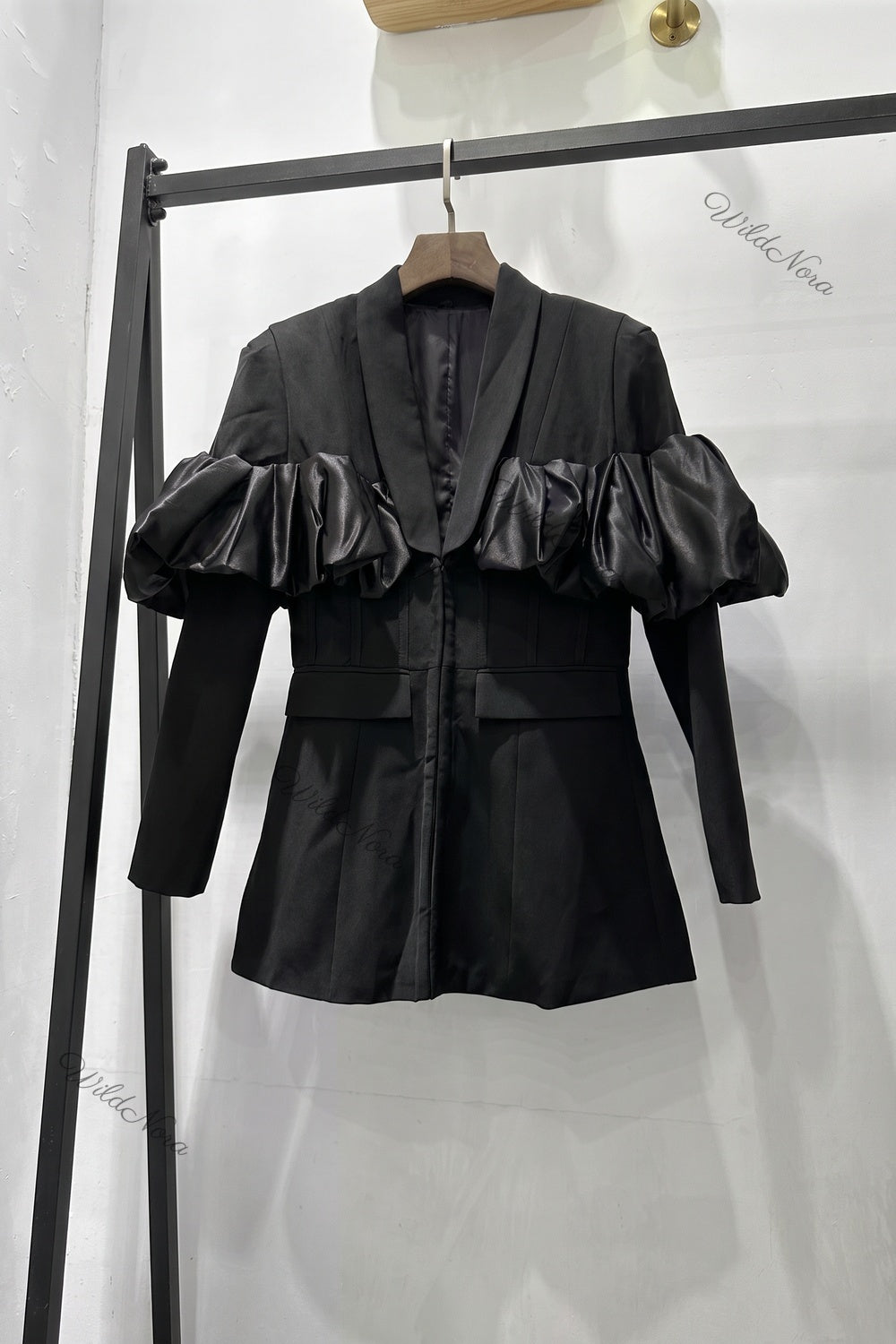 Black Tailored Blazer with Satin Ruffle Detail black woven suiting blazer - product view 2