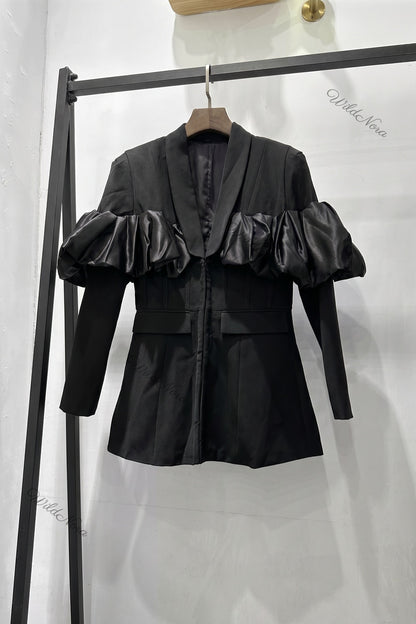 Black Tailored Blazer with Satin Ruffle Detail black woven suiting blazer - product view 2