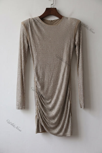 Champagne Beige Bodycon Mini Dress with Asymmetrical Side Drape champagne, beige stretch mesh dress - product view 2