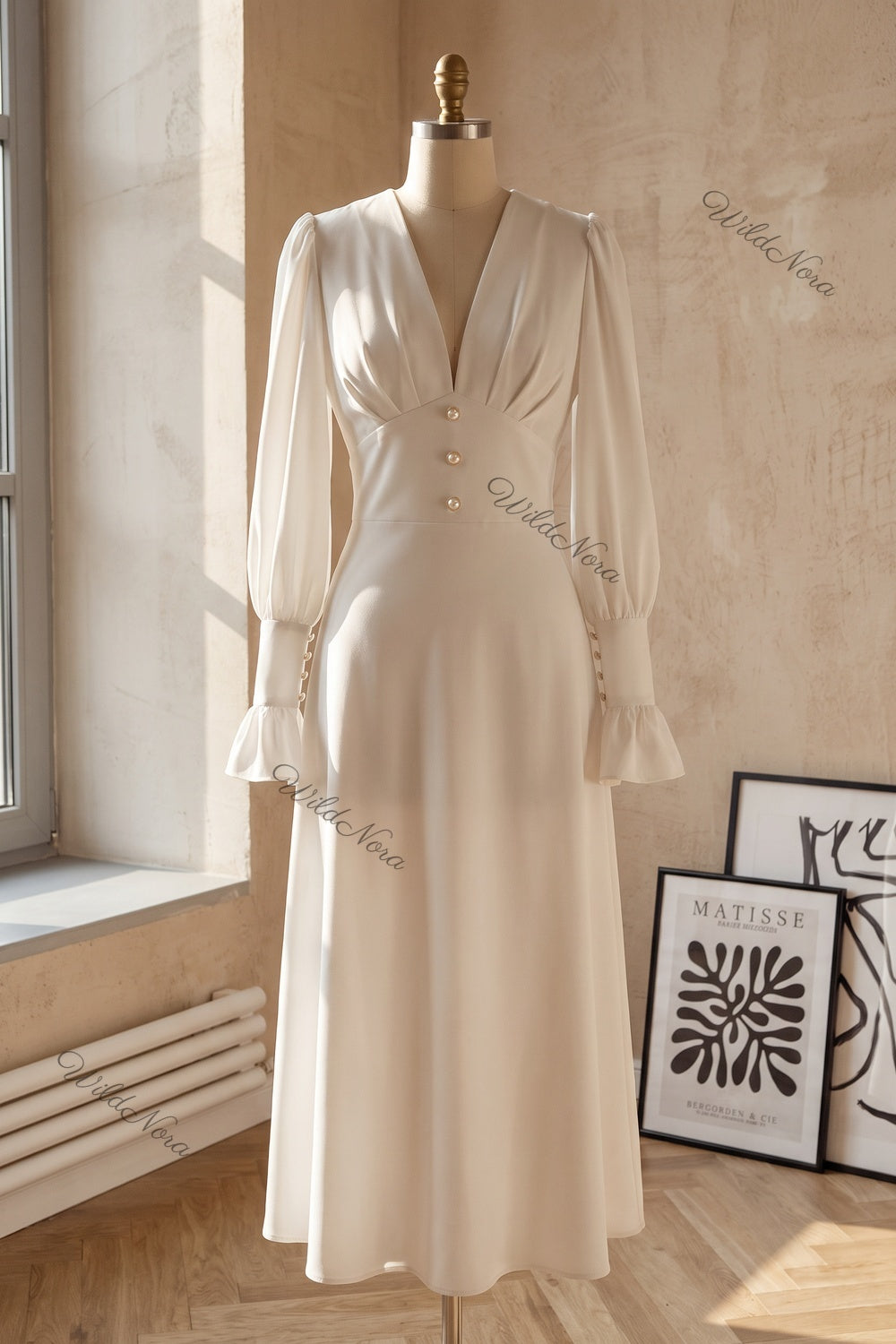 White Crepe A-Line Midi Dress with Pearl Button Details white crepe dress - product view 2