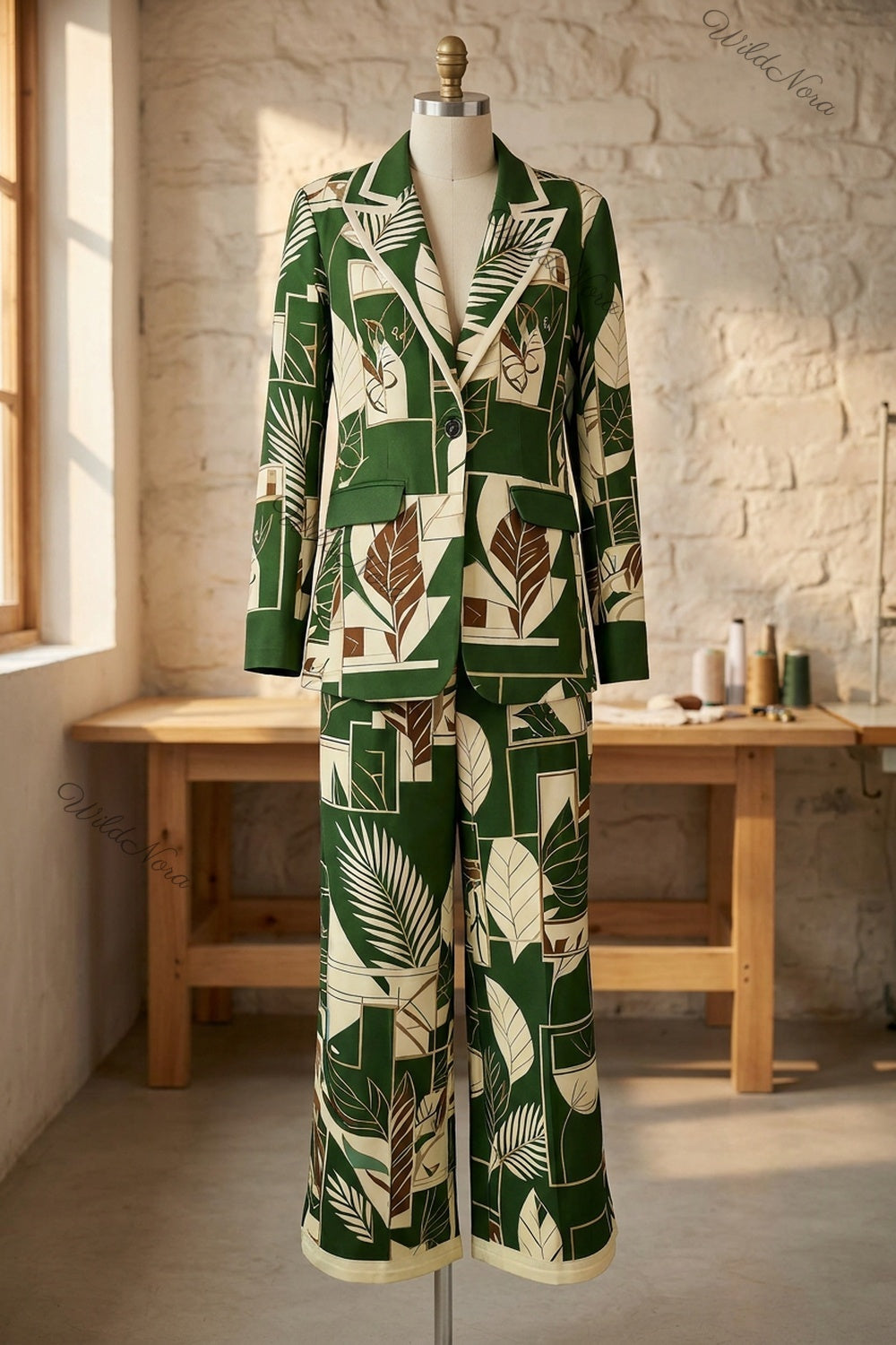 Dark Green Tropical Geometric Two-Piece Pant Suit dark green Woven synthetic crepe Two-piece pant suit - product view 2