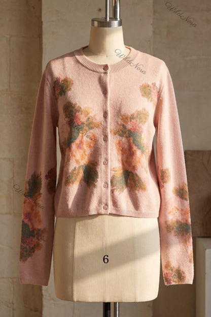 Dusty Pink Fine-Gauge Knit Cardigan with Watercolor Floral Print dusty pink fine-gauge knit cardigan - product view 2