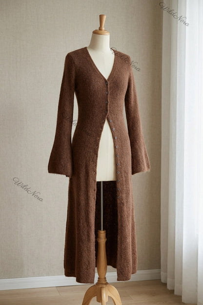 Chocolate Brown Ribbed Knit Longline Cardigan with Bell Sleeves chocolate brown ribbed knit longline cardigan - product view 2