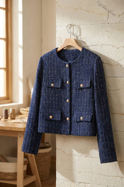 Navy Blue Tweed Boxy Cropped Jacket navy blue tweed jacket - product view 2