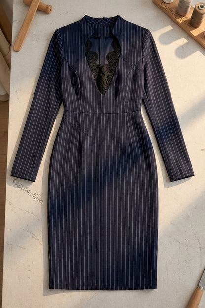 Navy Blue Pinstripe Sheath Dress With Lace Keyhole Cutout navy blue structured woven suiting dress - product view 2