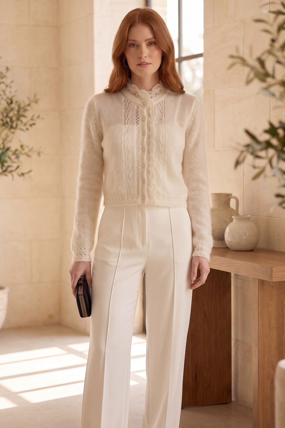 off-white mohair-blend knit cropped cardigan with scalloped lace trim off-white mohair-blend knit cardigan - product view 9
