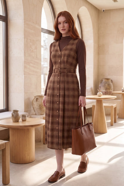Brown Plaid Two-Piece Layered Dress Set with Belt Brown, Tan Woven plaid fabric Two-piece layered dress set - product view 9