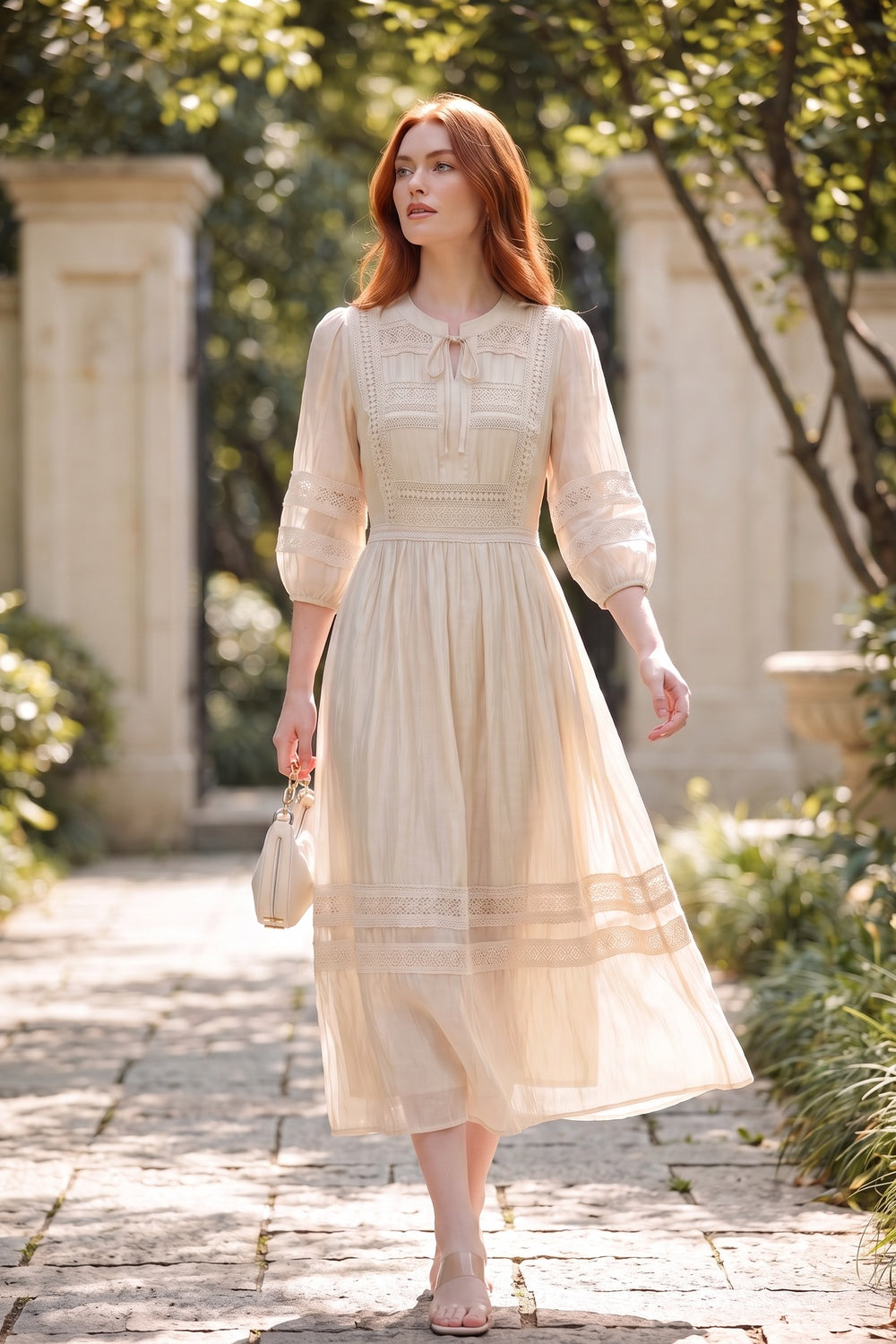 Cream A-Line Midi Dress with Lace Inserts cream, light beige lightweight semi-sheer woven dress - product view 9