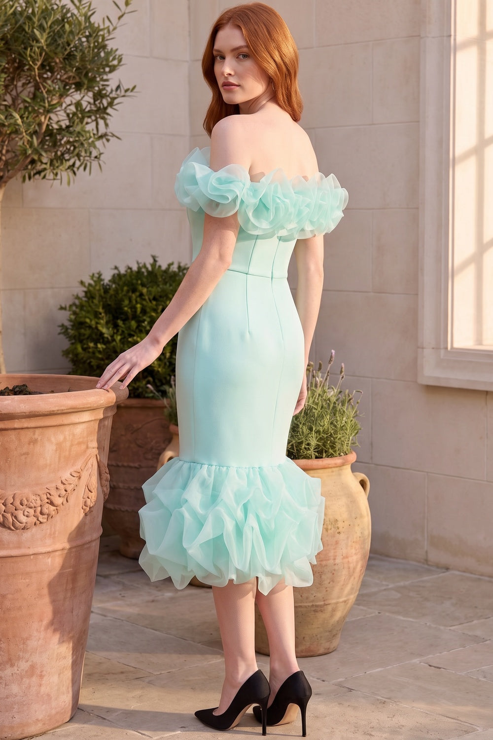 Mint Green Off-The-Shoulder Mermaid Midi Dress with Organza Ruffles mint green structured stretch woven dress - product view 7