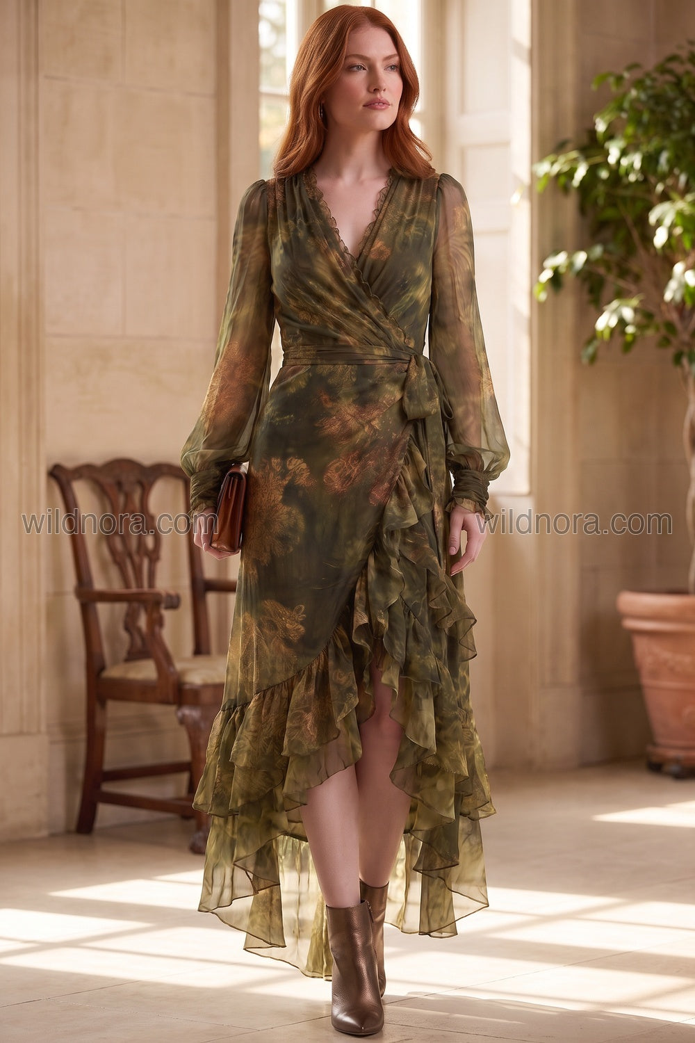 Olive Green Sheer Chiffon Wrap Dress with Asymmetrical Ruffled Hem olive green, forest green sheer chiffon dress - product view 7
