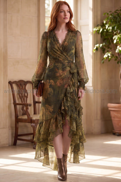 Olive Green Sheer Chiffon Wrap Dress with Asymmetrical Ruffled Hem olive green, forest green sheer chiffon dress - product view 7