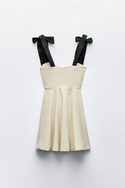 Linen Blend Mini Dress - Contrast Bow Detail Summer Dress