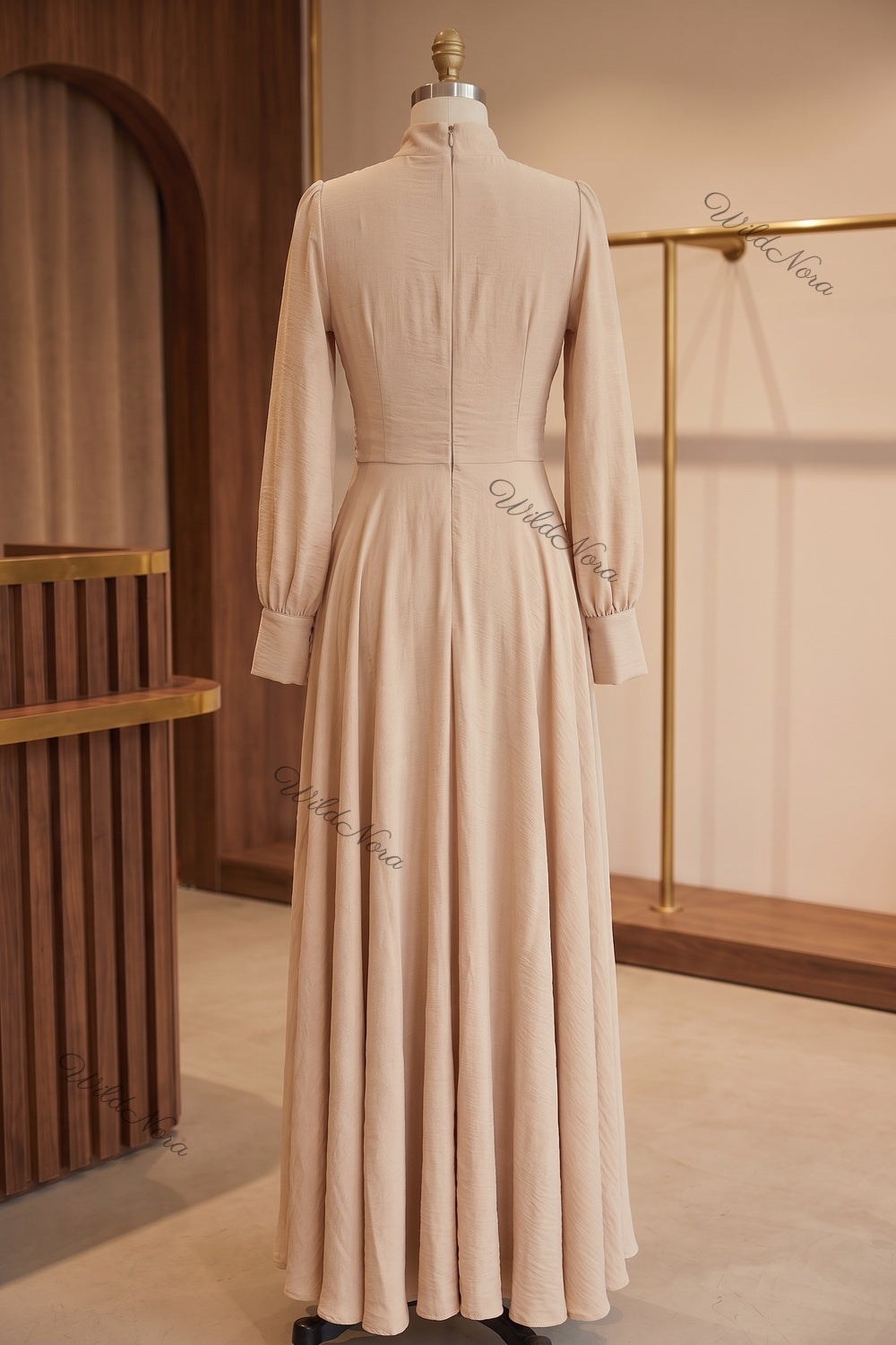 Beige Textured Linen-Blend A-Line Maxi Dress with Gold Brooch beige textured linen-blend maxi dress - product view 4