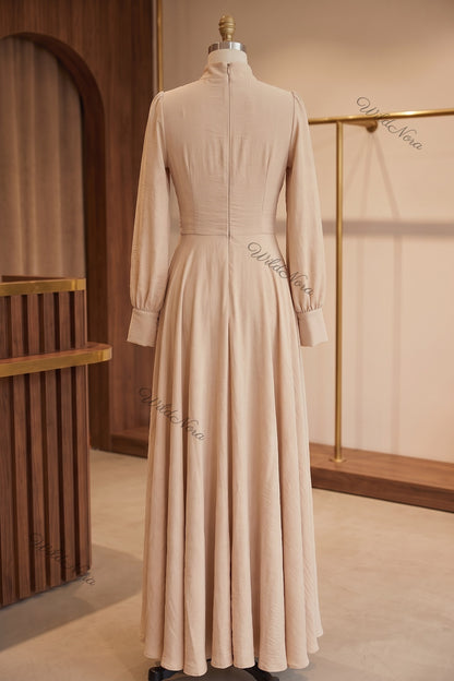 Beige Textured Linen-Blend A-Line Maxi Dress with Gold Brooch beige textured linen-blend maxi dress - product view 4