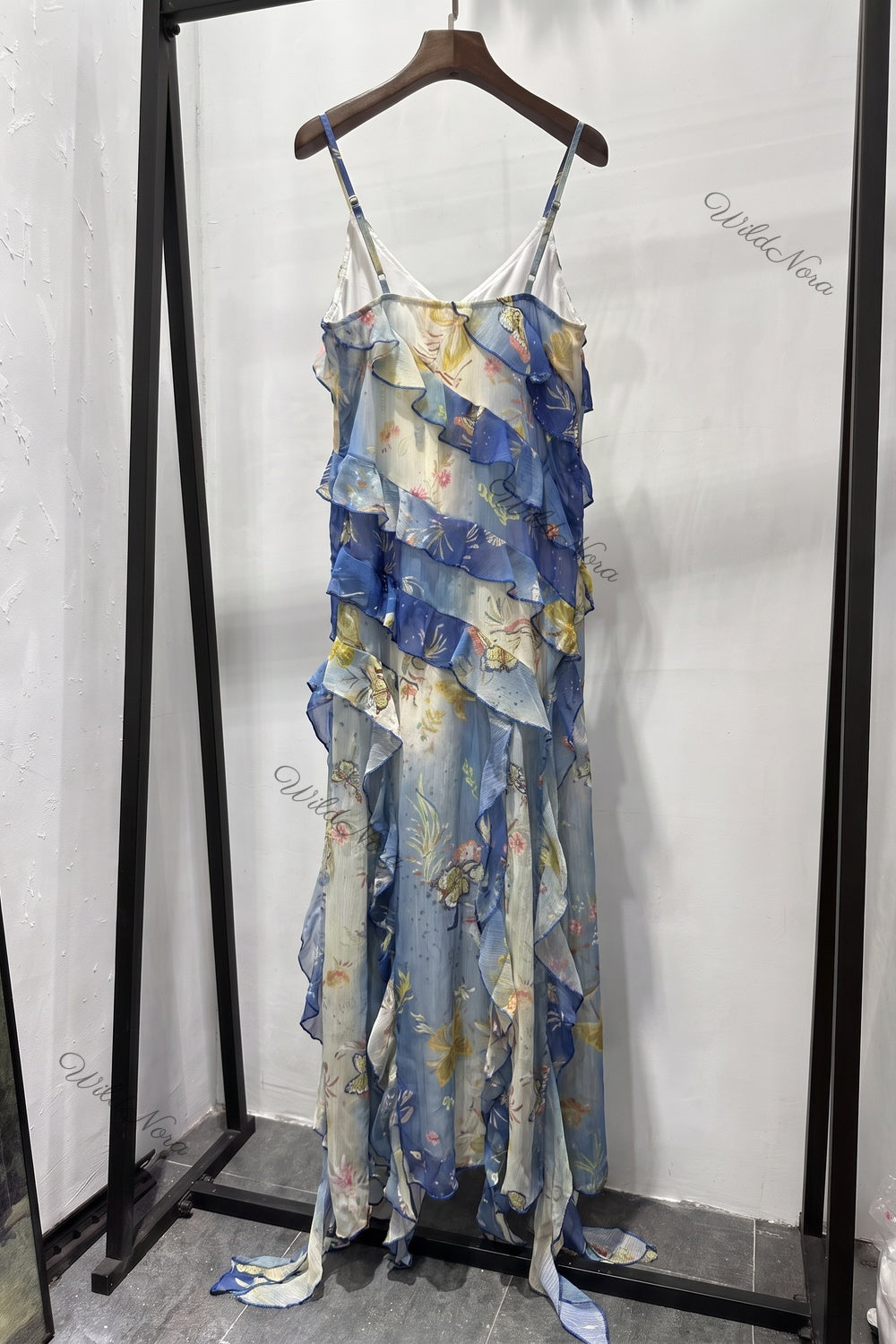 Blue Chiffon Asymmetrical A-Line Maxi Dress blue, cream chiffon dress - product view 4