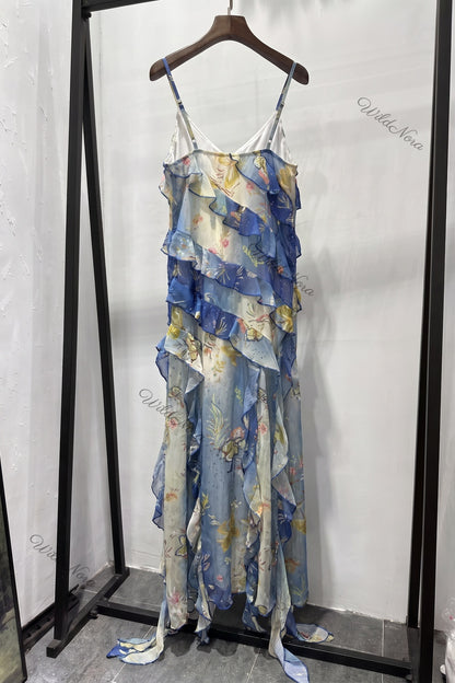 Blue Chiffon Asymmetrical A-Line Maxi Dress blue, cream chiffon dress - product view 4