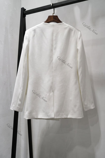Sculptural Rose Embellished Structured Crepe Blazer in White white structured crepe suiting blazer - product view 4
