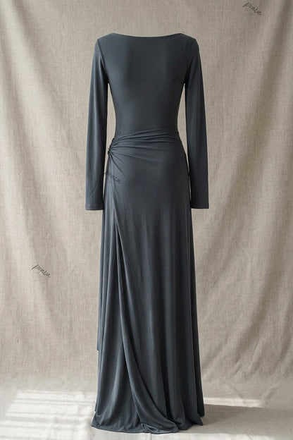 Dark Grey Jersey Knit Dress with Draped Flowing Skirt and Side Knot Detail dark grey jersey knit dress - product view 4