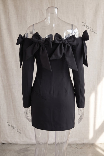 Black Structured Blazer Mini Dress with Off-Shoulder Bows black structured woven suiting blazer mini dress - product view 4