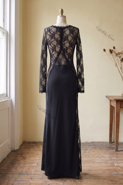 Black Matte Crepe Column Evening Gown with Sheer Floral Lace black matte crepe evening gown - product view 4