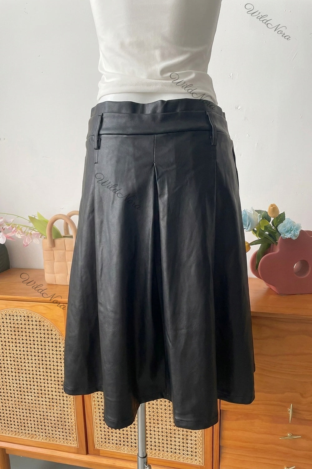 Black Faux Leather A-Line Pleated Midi Skirt black faux leather skirt - product view 4