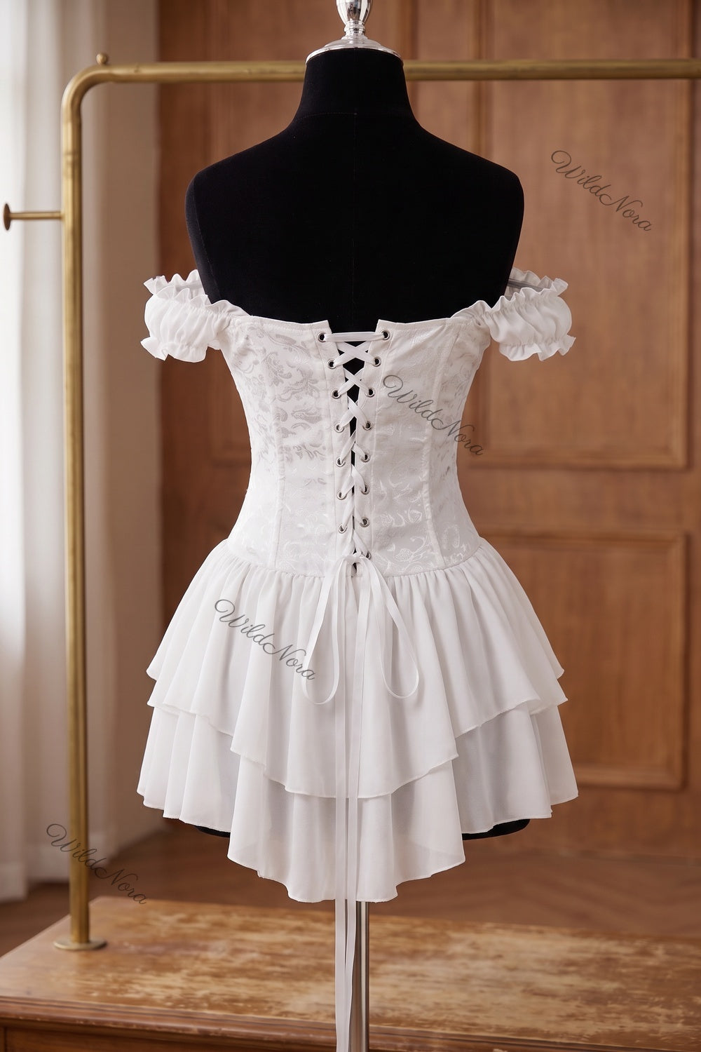White Tonal Floral Jacquard Fit-and-Flare Corset Mini Dress white tonal floral jacquard corset mini dress - product view 4