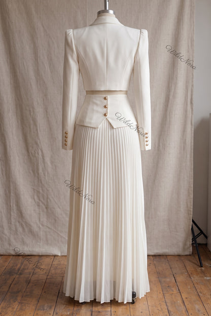 Off-White Two-Piece Set - Structured Cropped Blazer with Pleated Maxi Skirt Off-white, Cream Structured crepe suiting fabric Two-piece set (cropped blazer and maxi skirt) - product view 4