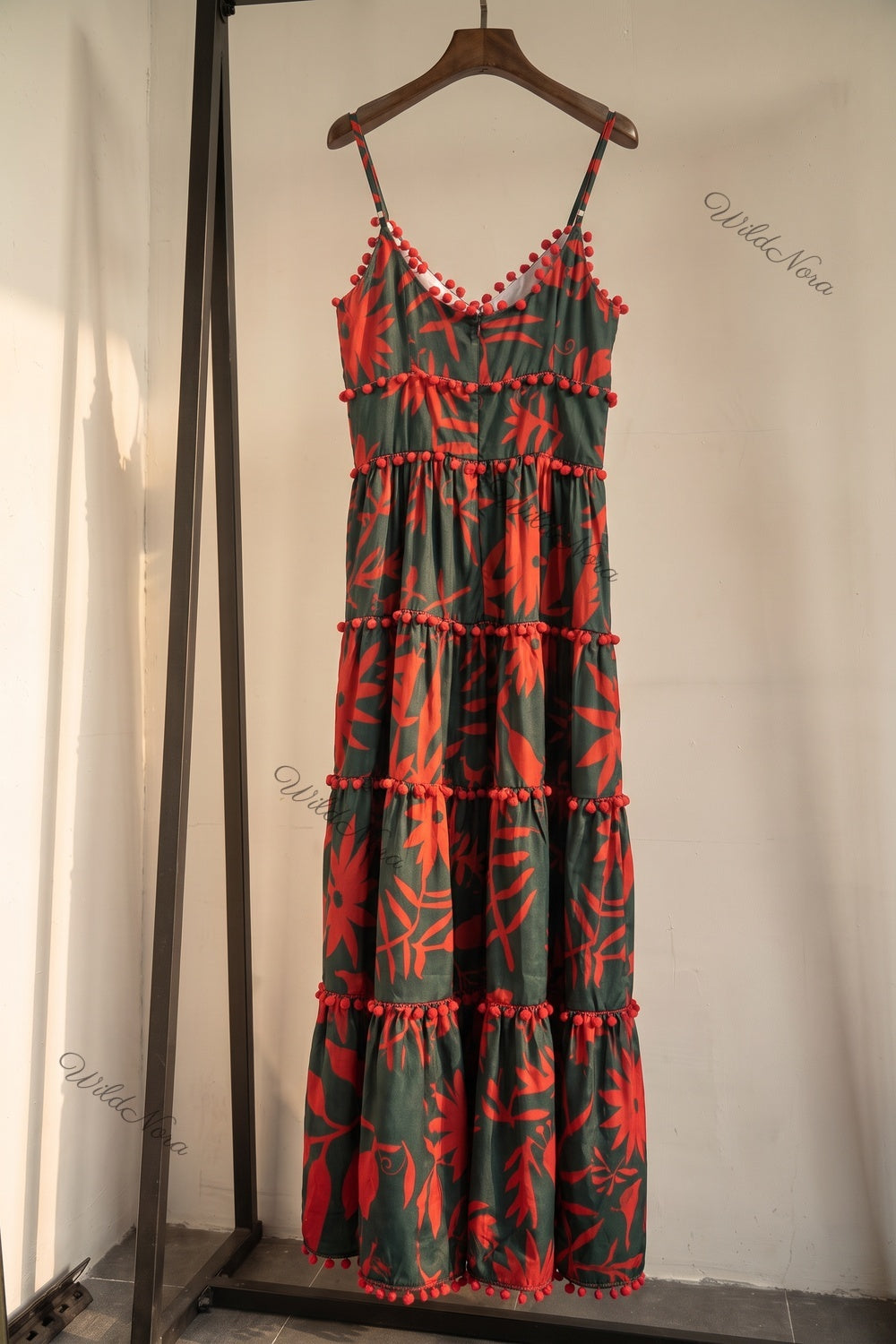 Dark Forest Green Tiered Maxi Dress with Red Botanical Print and Pom-Pom Trim dark forest green lightweight woven synthetic tiered maxi dress - product view 4