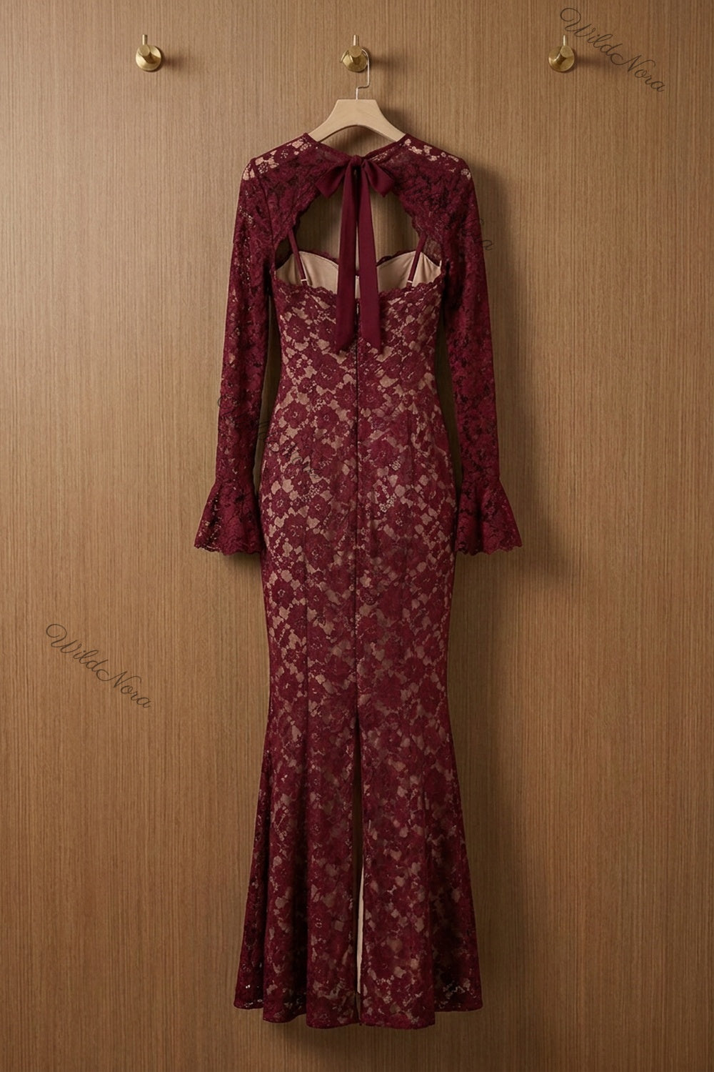 Burgundy Floral Lace Mermaid Gown burgundy floral lace gown - product view 4