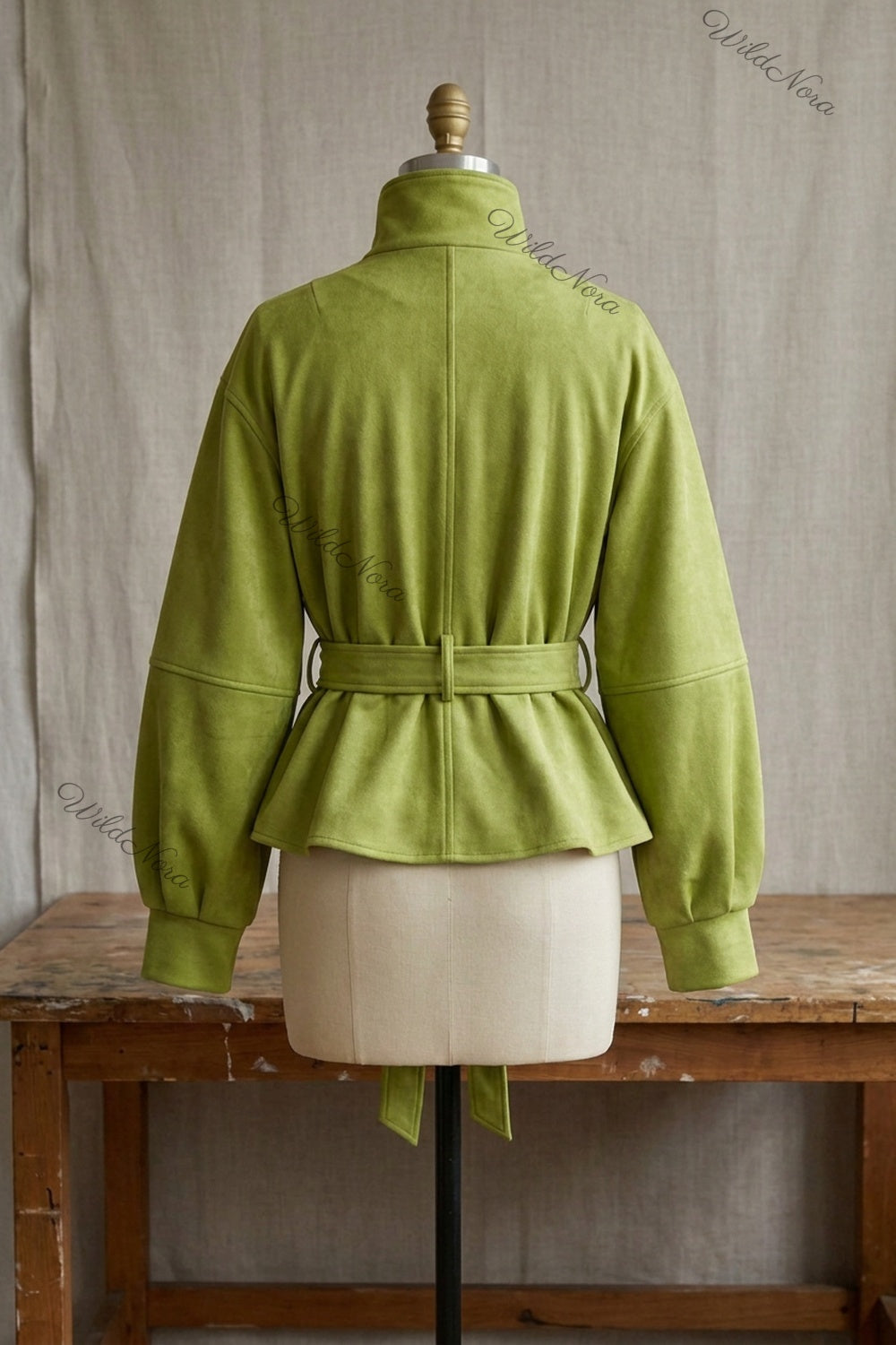 Lime Green Faux Suede Peplum Jacket with Balloon Sleeves lime green faux suede jacket - product view 4