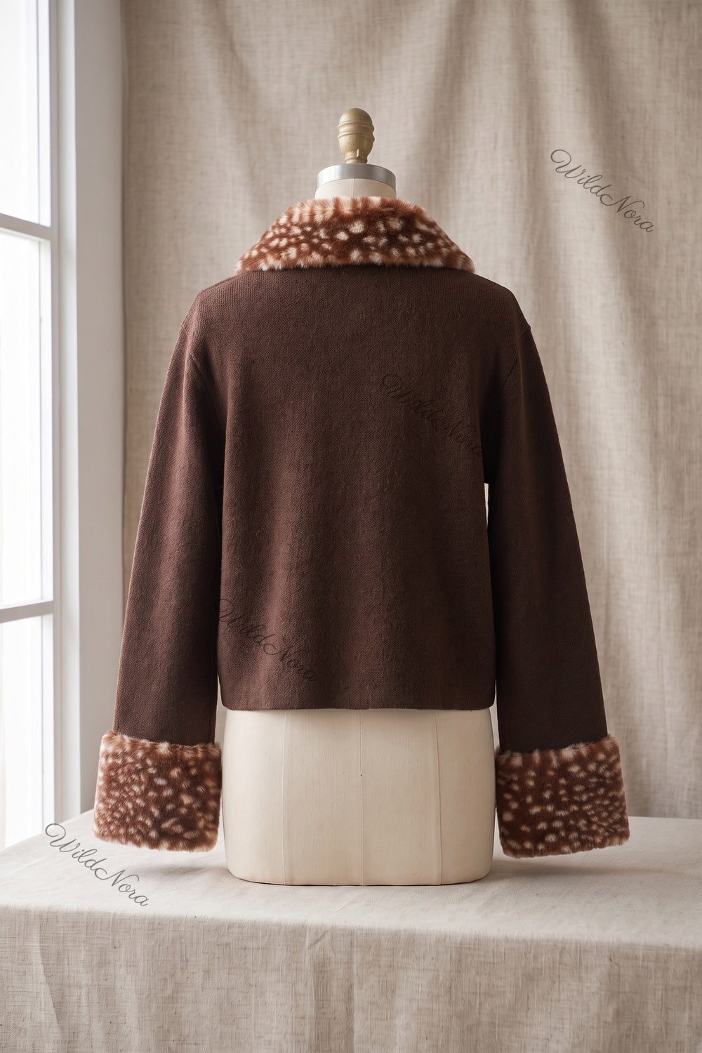 Dark Brown Box Knit Cardigan with Fawn-Spotted Faux Fur Trim dark brown fine knit cardigan - product view 4