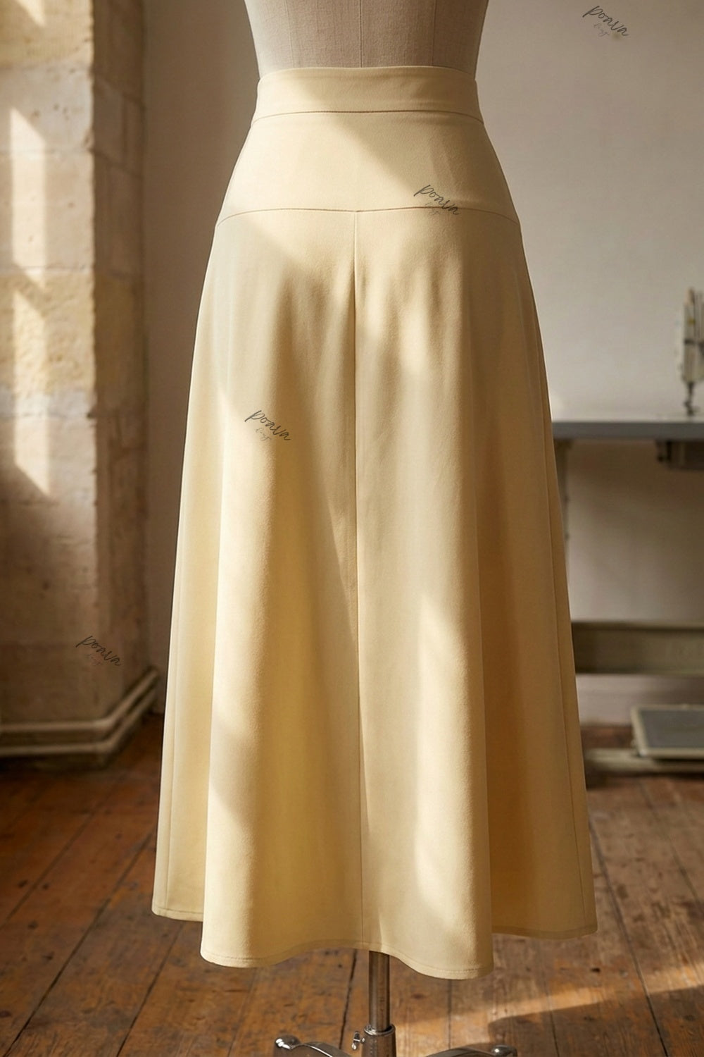 Pale Yellow A-Line Maxi Skirt with Contrasted Buttons pale yellow, cream medium-weight woven suiting or cotton-blend skirt - product view 4