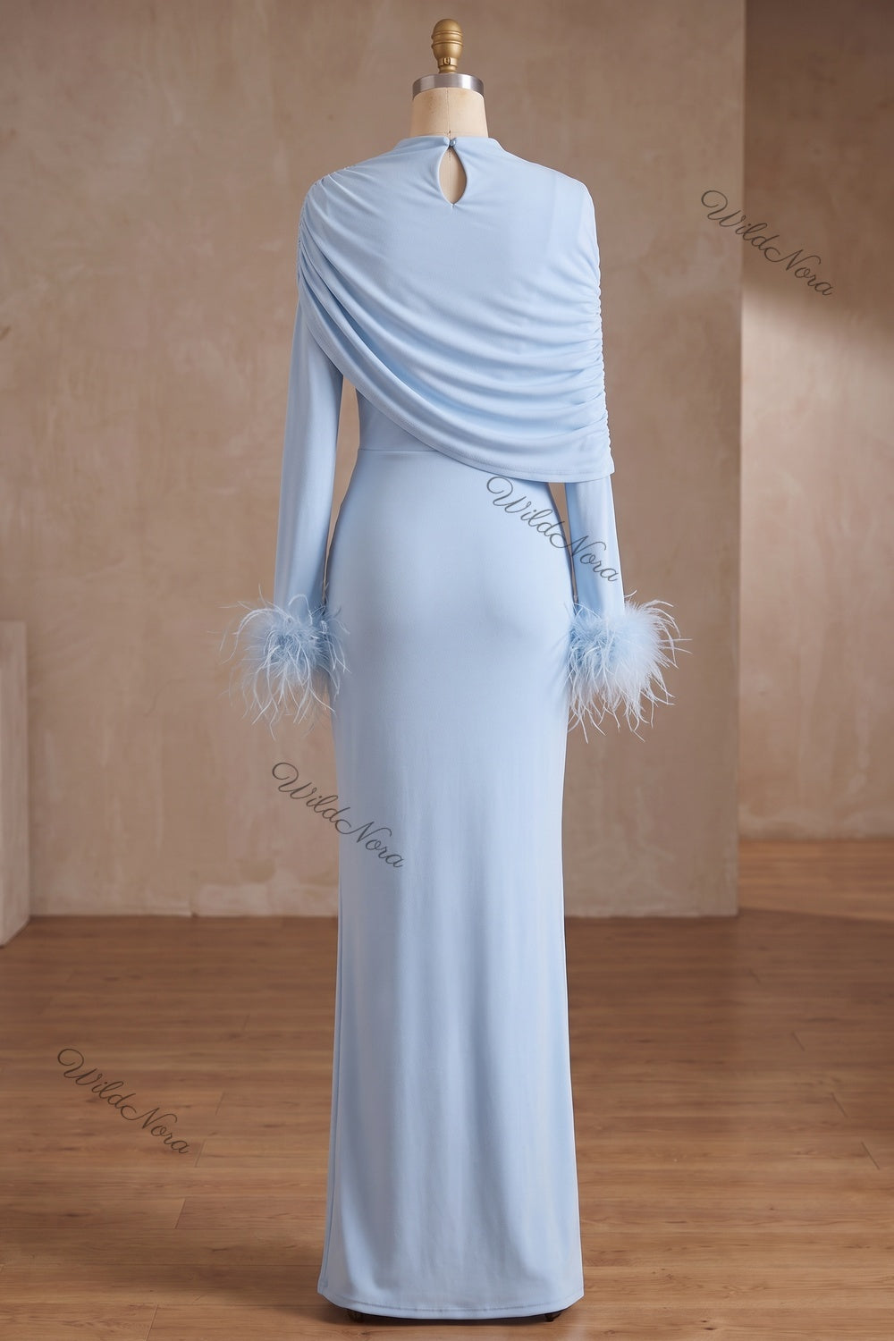 Light Blue Stretch Jersey Column Gown with Feather Cuffs light blue stretch jersey gown - product view 4