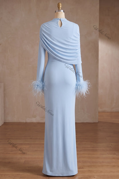Light Blue Stretch Jersey Column Gown with Feather Cuffs light blue stretch jersey gown - product view 4